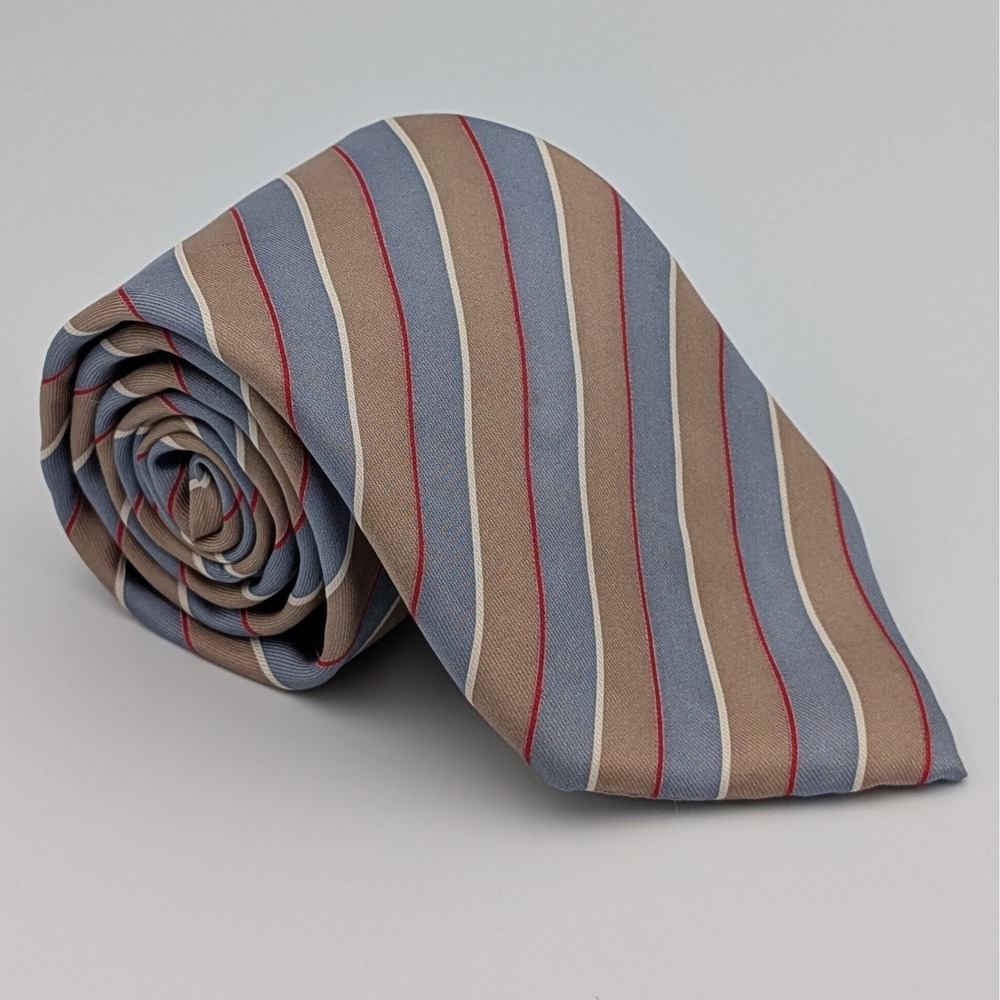 VTG Christian Dior Silk Tie Blue Tan Red Striped Paris New York Woven Designer